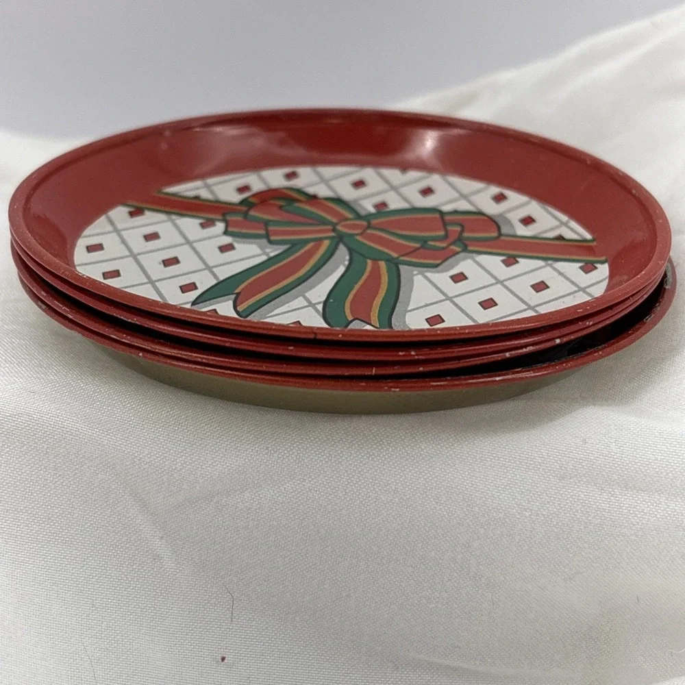 Vintage‎ Metal Christmas Drink Coasters Red Green Bow Retro 1960